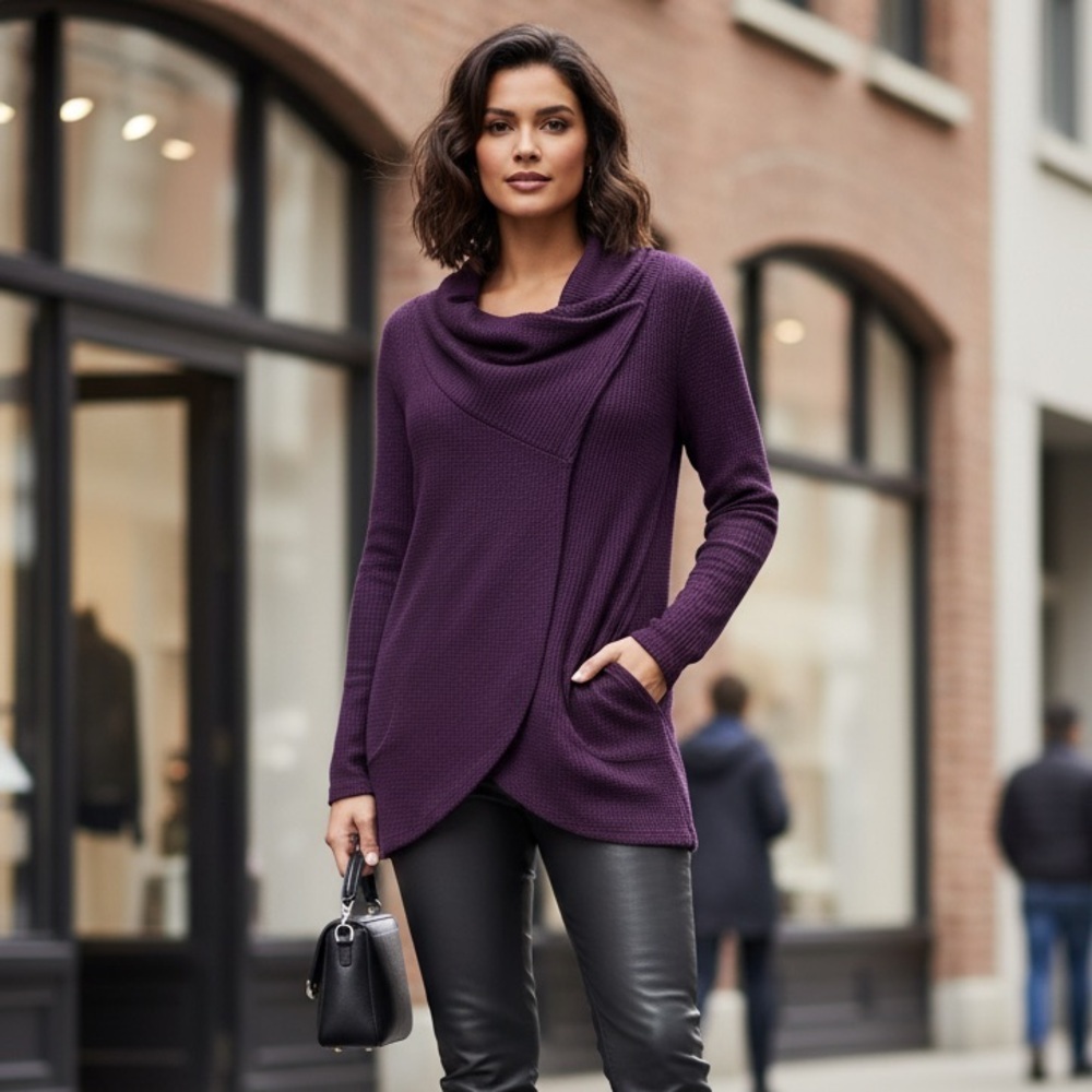 2/$30 Chico’s Zenergy Swoop Snap Cross Front Purple Long Sleeve Waffle Knit 4-6P